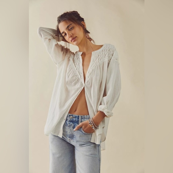 FP one lace trim eyelet frayed distressed gauze sheer button blouse xs/s boho - Picture 7 of 11